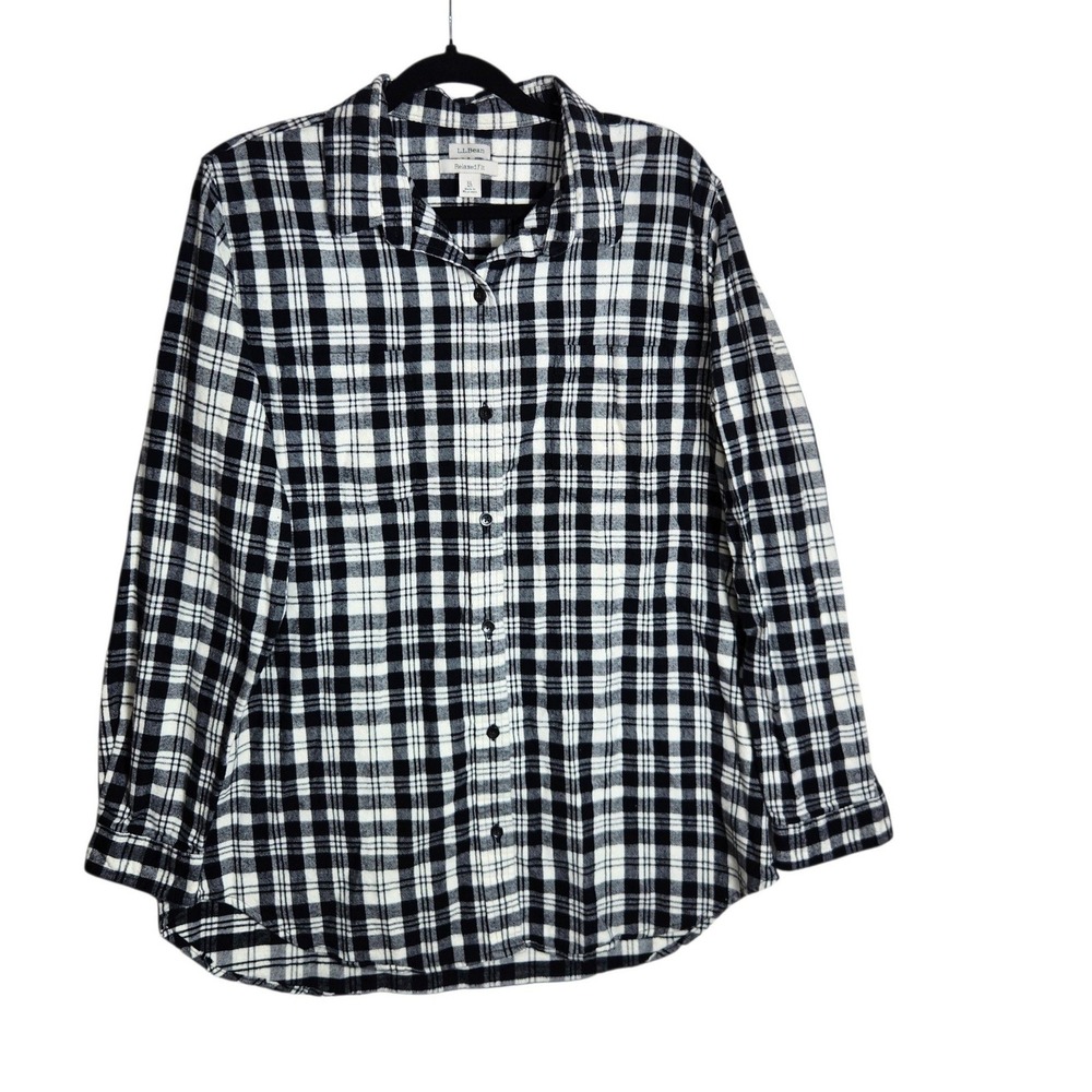 LL Bean Mens Relaxed Fit Flannel Shirt XL Black White Plaid Cotton 508276